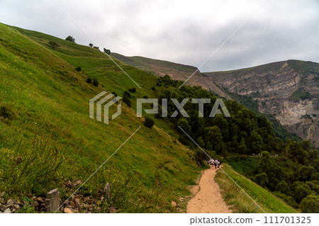 Caucasian mountain. Dagestan. Trees, rocks, mountains, view of the green mountains. Beautiful summer landscape. 111701325