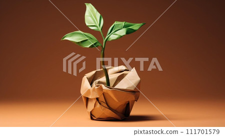 AI-generated content. A green plant emerges from crumpled brown paper, symbolizing growth amidst 111701579