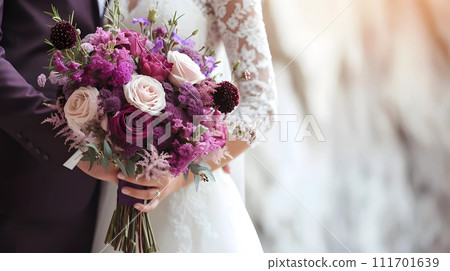 AI-generated content. Bride and groom holding a bouquet of purple flowers, generated AI 111701639