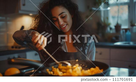 Cheerful woman cooking in a home kitchen, casual style, healthy lifestyle concept image. domestic culinary scene captured. AI 111701691