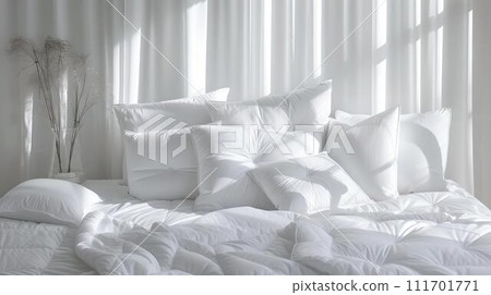 Bright and airy bedroom with white bedding and sheer curtains. peaceful room decor and design. perfect for home interiors magazine. AI Bright and airy bedroom with white bedding and sheer curtains. peaceful room decor and design. perfect for home interiors magazine. AI 111701771
