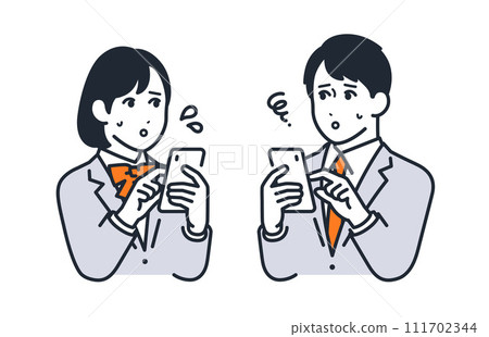 男女學生表情困惑地看著智慧型手機的簡單向量圖 111702344