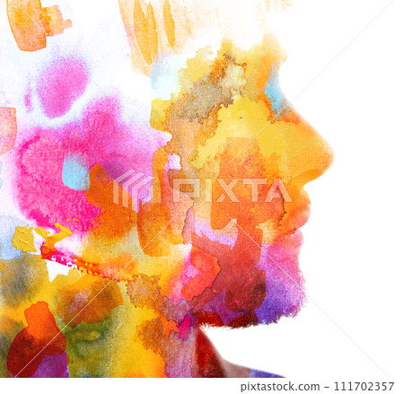 A colorful paintography male profile silhouette in double exposure 111702357