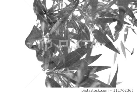 A double exposure portrait of a man's profile silhouette on a white background A double exposure portrait of a man's profile silhouette on a white background 111702365