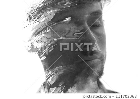 A double exposure paintography portrait fusing brush strokes and a portrait A double exposure paintography portrait fusing brush strokes and a portrait 111702368