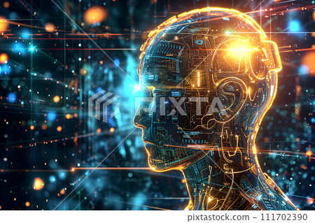 AI-generated content. Android head on abstract cybernetic data background 111702390