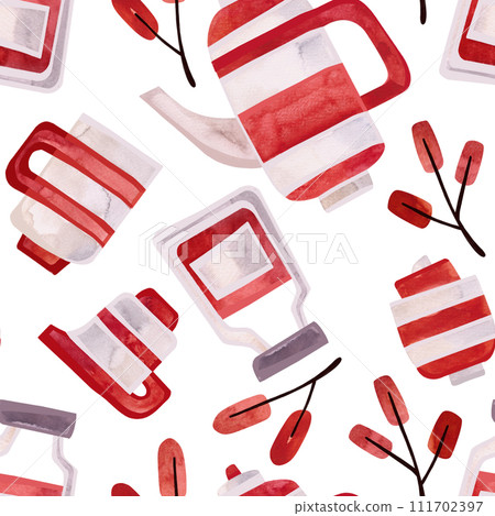 Watercolor seamless pattern with old-fashioned teapots and red and white striped cups, jam and autumn twigs. Pattern for seasonal wrapping paper, fabric, textiles, tablecloths and curtains in a tea Watercolor seamless pattern with old-fashioned teapots and red and white striped cups, jam and autumn twigs. Pattern for seasonal wrapping paper, fabric, textiles, tablecloths and curtains in a tea 111702397