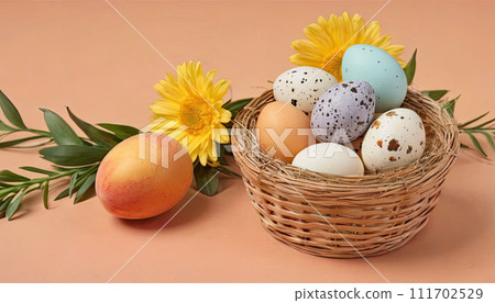 AI-generated content. Easter eggs in straw basket, surrounded by green leaves and small flowers on peach surface, symbolizing spring renewal. 111702529