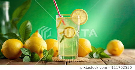 AI-generated content. Lemonade with lemons and mint leaves, tall glass of lemonade on rustic wooden table. Served chilled, enhancing freshness, evokes sense of summer refreshment. 111702530