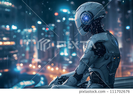 AI-generated content. Android on blurry abstract futuristic cityscape background 111702676