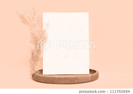 Blank Greeting Card Invitation Mockup. Front view. Dry Pampas Grass Modern Wooden Plate, Paper Mock Up on Beige Table. Copy Space. Minimal Business Brand Template. Soft Shadow. Nordic Flier Design. A6 Blank Greeting Card Invitation Mockup. Front view. Dry Pampas Grass Modern Wooden Plate, Paper Mock Up on Beige Table. Copy Space. Minimal Business Brand Template. Soft Shadow. Nordic Flier Design. A6 111702694
