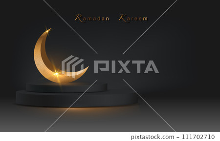 Ramadan Luxury Islamic Podium with gold crescent moon, traditional islamic symbol. 3D Horizontal Arabic Banner for product showcase, presentation, cosmetic, base, sales, copy space black background Ramadan Luxury Islamic Podium with gold crescent moon, traditional islamic symbol. 3D Horizontal Arabic Banner for product showcase, presentation, cosmetic, base, sales, copy space black background 111702710