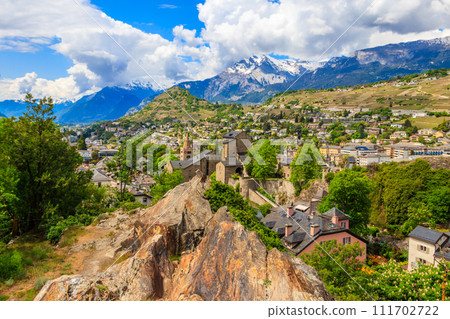 Panoramic view from a hill over City of Sion with and Swiss Alps in Canton Valais, Switzerland 111702722