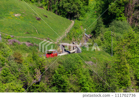 Reichenbachfall funicular (Reichenbachfall-Bahn) from Willigen, near Meiringen, to the famous Reichenbach Falls, Switzerland Reichenbachfall funicular (Reichenbachfall-Bahn) from Willigen, near Meiringen, to the famous Reichenbach Falls, Switzerland 111702736