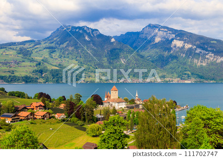 Aerial view of Spiez town with Spiez castle and Lake Thun in the Bernese Oberland, Switzerland 111702747