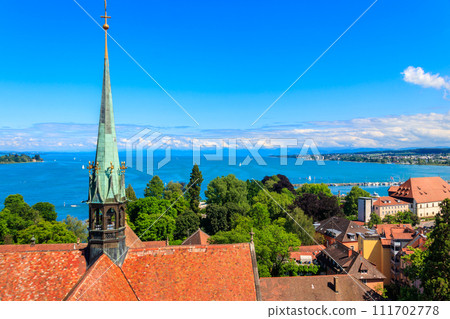 View over Lake Constance (Bodensee) and the old town of Konstanz (also known as Constance)  from bell tower of Konstanz Cathedral, Baden-Wuerttemberg, Germany 111702778