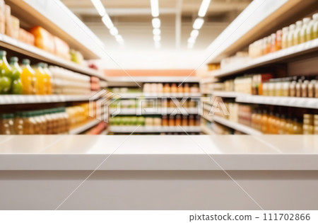 Empty table top with supermarket blurred defocused panorama, bokeh light. Backdrop for display montage products. Blank wood textured counter, blur grocery, bio eco market store background. Front view 111702866