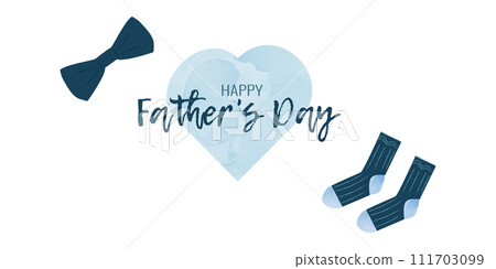 Templates Father Day holiday in watercolor style. Text on figure heart bow tie and socks. Greeting Card or Flyer Design. 111703099
