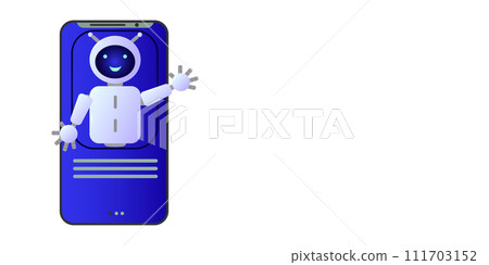 Chatbot assistant form robot with ai 3d. Cute friendly bot neural network. Isolated place for text. Website design of social networking applications. Vector illustration. 111703152