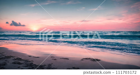 The shimmering waves reflect the warm hues of the setting sun creating a tranquil and breathtaking scene. Generative AI 111703172