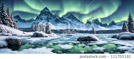 Frozen tundra planet, frigid, icy world. Panorama. Generative AI 111703192