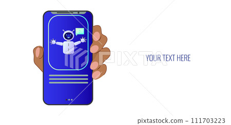 Chatbot assistant form robot with ai 3d. Cute friendly bot neural network. Hand holding the phone. Website design of social networking applications. Vector illustration. 111703223