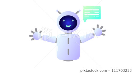 Chatbot assistant form robot with ai 3d. Cute friendly bot neural network. Isolated white background. Website design of social networking applications. Vector illustration. Chatbot assistant form robot with ai 3d. Cute friendly bot neural network. Isolated white background. Website design of social networking applications. Vector illustration. 111703233