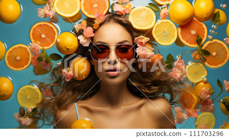 AI-generated content. young woman in sunglasses on floating citruses fruits background. advert for perfume, summer resort 111703296