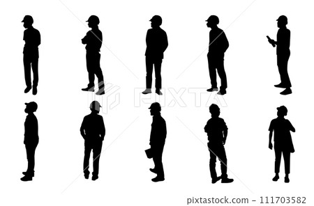 Construction engineer silhouette, Architect man and woman labor standing, Vector set supervisor working Construction engineer silhouette, Architect man and woman labor standing, Vector set supervisor working 111703582