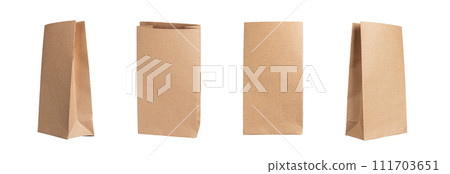 Paper bag, small kraft package, sacks set. Craft pouch, pack mockup, front and side views, isolated Paper bag, small kraft package, sacks set. Craft pouch, pack mockup, front and side views, isolated 111703651
