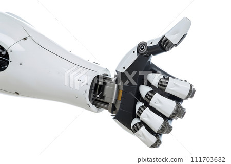 AI-generated content. Robot hand with thumb up gesture closeup on white background AI-generated content. Robot hand with thumb up gesture closeup on white background 111703682