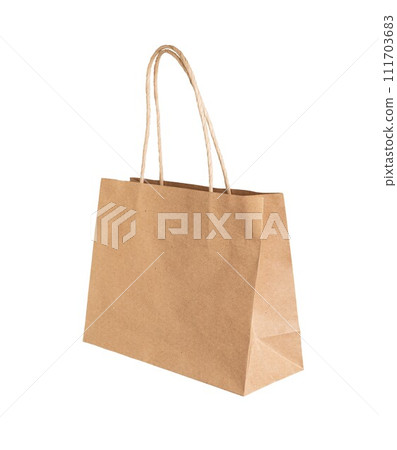 Kraft paper bag, shopping and gift package, brown craft pack with handles isolated on white Kraft paper bag, shopping and gift package, brown craft pack with handles isolated on white 111703683