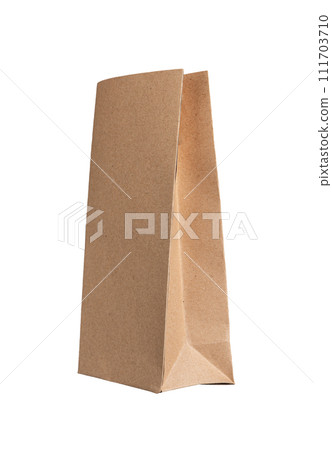Brown paper bag, small craft pouch, package. Beige sack mockup, angle view isolated on white 111703710