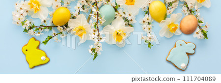 Spring flowers and Easter eggs and bunnies Spring flowers and Easter eggs and bunnies 111704089