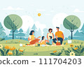 AI-generated content. Happy Family Enjoying a Picnic in the Park: Illustration of Smiling Cartoon Characters Relaxing and Having Fun Outdoors 111704203