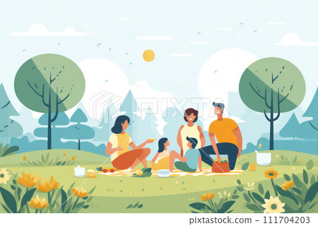 AI-generated content. Happy Family Enjoying a Picnic in the Park: Illustration of Smiling Cartoon Characters Relaxing and Having Fun Outdoors 111704203