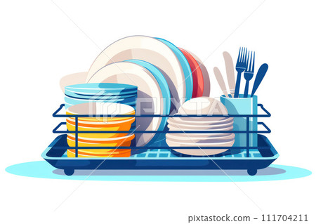AI-generated content. Clean and Sparkling: A Modern Kitchenware Set with Shiny White Plates and Utensils in a Full Dishwasher 111704211