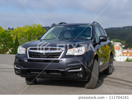 Grey SUV auto, power luxury model. Shiny polished stationary vehicle. 111704281