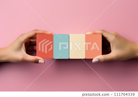 AI-generated content. Hand Holding Blank White Business Card on Pink Background 111704339