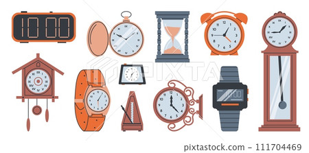 Clock dial. Interior watch. Hourglass and wristwatch. Wooden metronome timer. Time measurement. Chronometer at wall. Punctuality and accuracy. Hours countdown. Vector timepieces set Clock dial. Interior watch. Hourglass and wristwatch. Wooden metronome timer. Time measurement. Chronometer at wall. Punctuality and accuracy. Hours countdown. Vector timepieces set 111704469