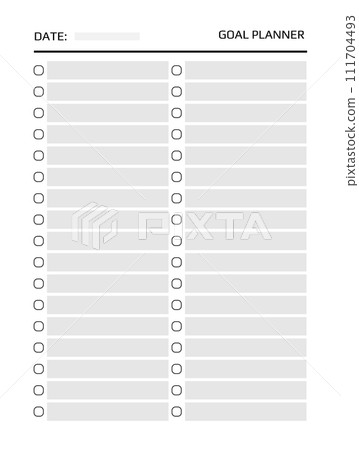 Goal planner. Paper sheet for scheduling, minimal style template for tracker notebook, writing tasks for year and month, blank diary, printable typography organizer mockup. Vector illustration Goal planner. Paper sheet for scheduling, minimal style template for tracker notebook, writing tasks for year and month, blank diary, printable typography organizer mockup. Vector illustration 111704493