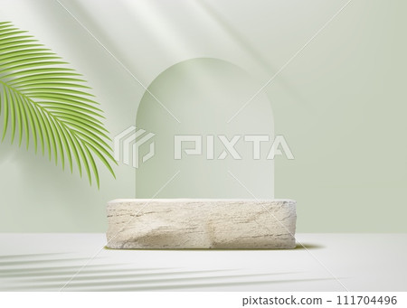 3d spa podium. Summer stone display or studio product platform, green and grey nature stand render. Tropical palm leaf. Empty showcase, eco cosmetic presentation. Vector texture background 3d spa podium. Summer stone display or studio product platform, green and grey nature stand render. Tropical palm leaf. Empty showcase, eco cosmetic presentation. Vector texture background 111704496