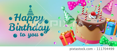 Happy birthday. 3d party cake, gift, greeting card, color fun celebrate confetti, realistic decoration. Render isolated elements. Horizontal banner. Celebrate congratulation. Vector background Happy birthday. 3d party cake, gift, greeting card, color fun celebrate confetti, realistic decoration. Render isolated elements. Horizontal banner. Celebrate congratulation. Vector background 111704499