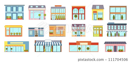 Store buildings. Shop front. Business storefront for small retail or restaurant. Street windows of grocery market. Trees and awnings. Commercial architecture. Vector houses design set Store buildings. Shop front. Business storefront for small retail or restaurant. Street windows of grocery market. Trees and awnings. Commercial architecture. Vector houses design set 111704506