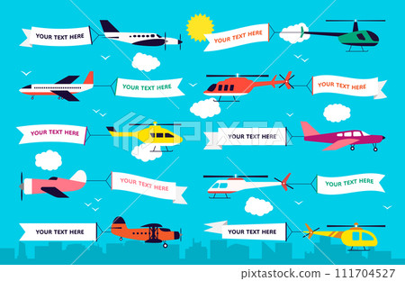 Plane with banner. Flying flag on helicopter. Advertising promotion. Ribbon in summer sky. Advertisement Pennant showing from airplane. Travel news in clouds. Vector flat posters set 111704527