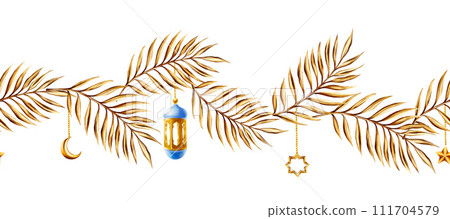 Watercolor seamless border with Islamic arabian golden crescent moon, stars on a gold chains, date palm branches and lanterns illustrations isolated on white background. Muslim hand drawn Ramadan 111704579