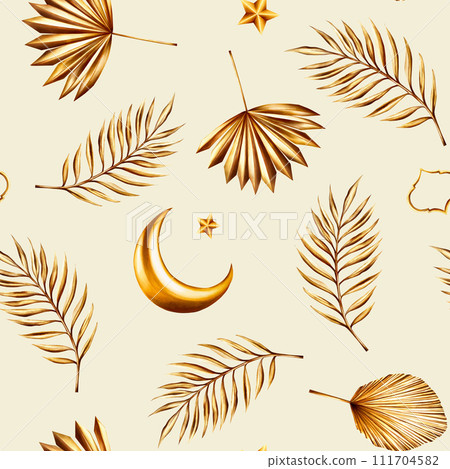Watercolor seamless pattern with golden pampas grass, date palm branches, crescent moon, star illustration isolated on background. Botanical and wedding and Ramadan Kareem or Eid Al Adha 2024 hand Watercolor seamless pattern with golden pampas grass, date palm branches, crescent moon, star illustration isolated on background. Botanical and wedding and Ramadan Kareem or Eid Al Adha 2024 hand 111704582