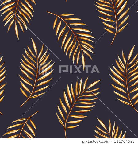 Watercolor seamless pattern with golden date palm branch illustration isolated on white background. Botanical and wedding and Ramadan Kareem or Eid Al Adha 2024 hand drawn decor. For designers, 111704583