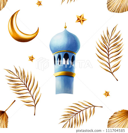 Watercolor seamless pattern with golden pampas grass, date palm branches, minaret, crescent moon, star illustration isolated on background. Botanical and wedding and Ramadan Kareem or Eid Al Adha 2024 Watercolor seamless pattern with golden pampas grass, date palm branches, minaret, crescent moon, star illustration isolated on background. Botanical and wedding and Ramadan Kareem or Eid Al Adha 2024 111704585