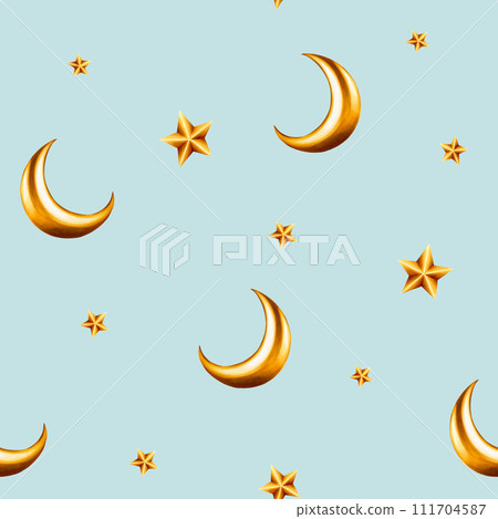 Watercolor seamless pattern with Islamic arabian golden crescent moons and stars on illustration isolated on background. Muslim golden hand drawn holiday Ramadan Kareem or Eid Al Adha 2024. For 111704587